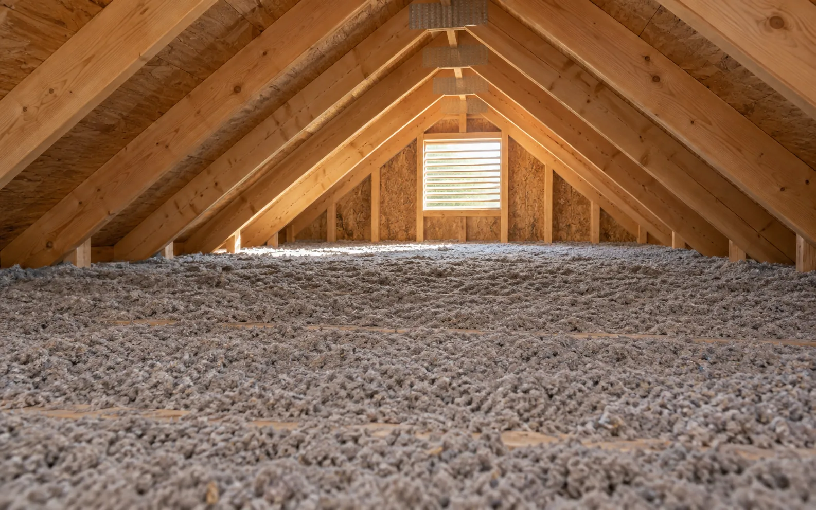 Grey-brown blown cellulose laid level across an attic floor between the trusses