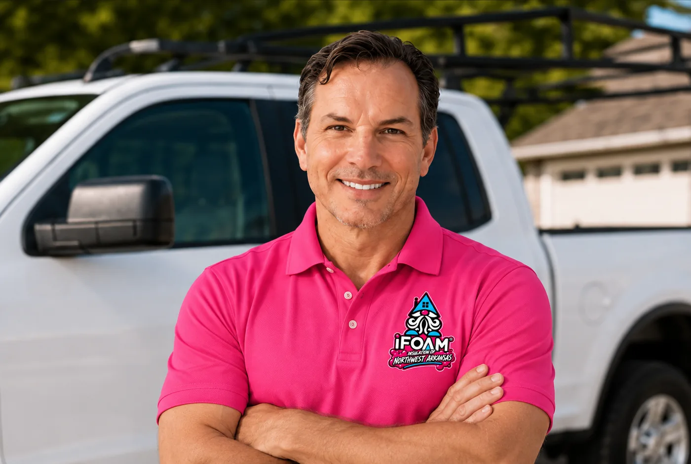 The owner of iFOAM of Northwest Arkansas beside a company truck