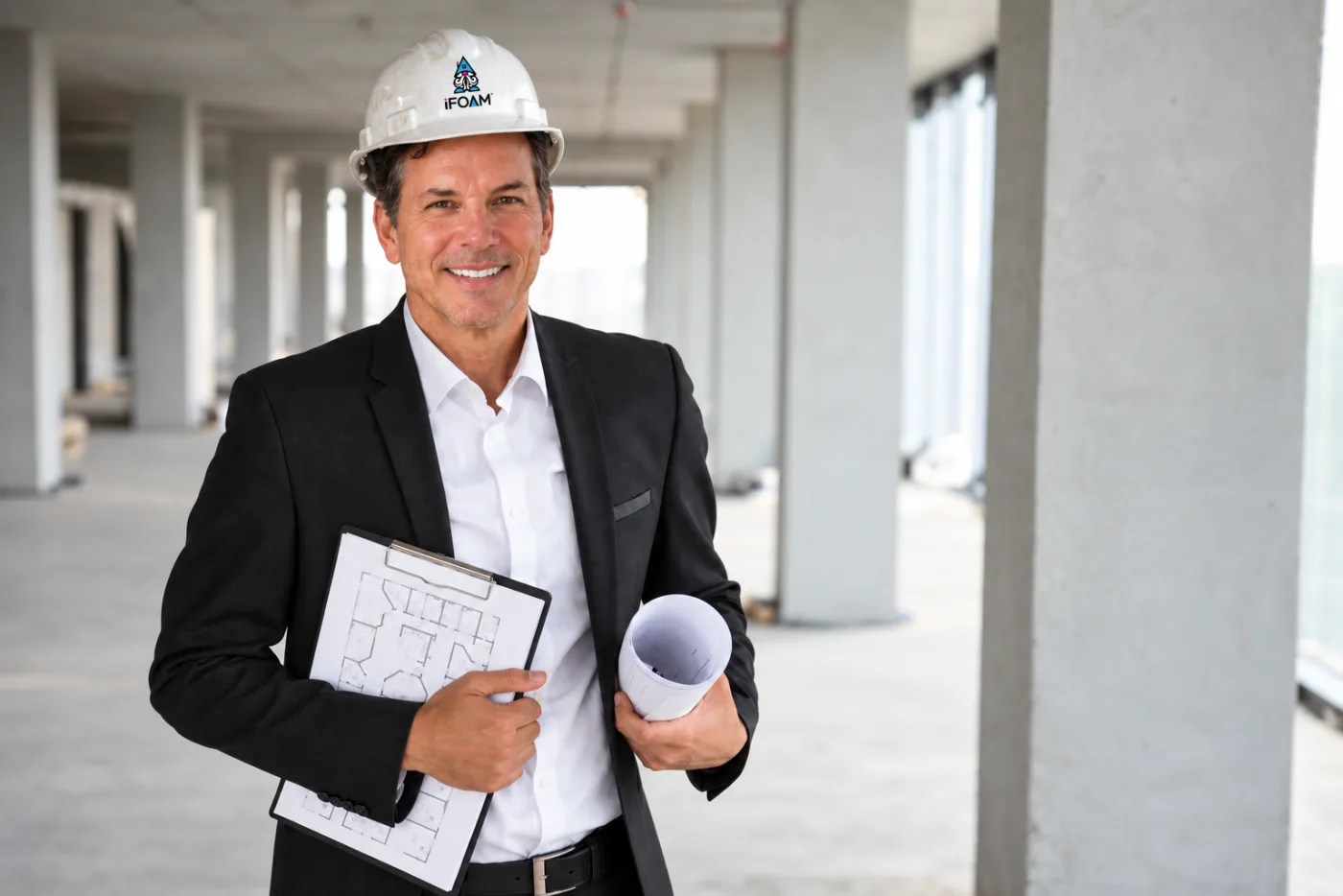 An iFOAM of Northwest Arkansas estimator walking two builders through the insulation scope on a framed job site