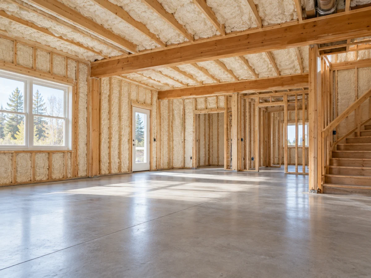 A framed interior after handover, foam-insulated walls and ceiling, swept concrete floor, no overspray