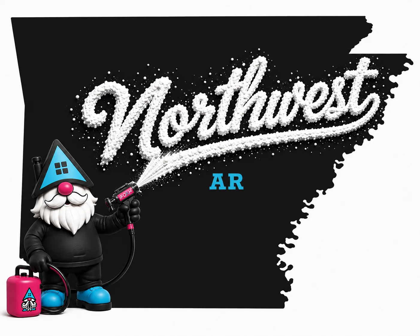 FOAMiE spraying foam across a map of Northwest Arkansas