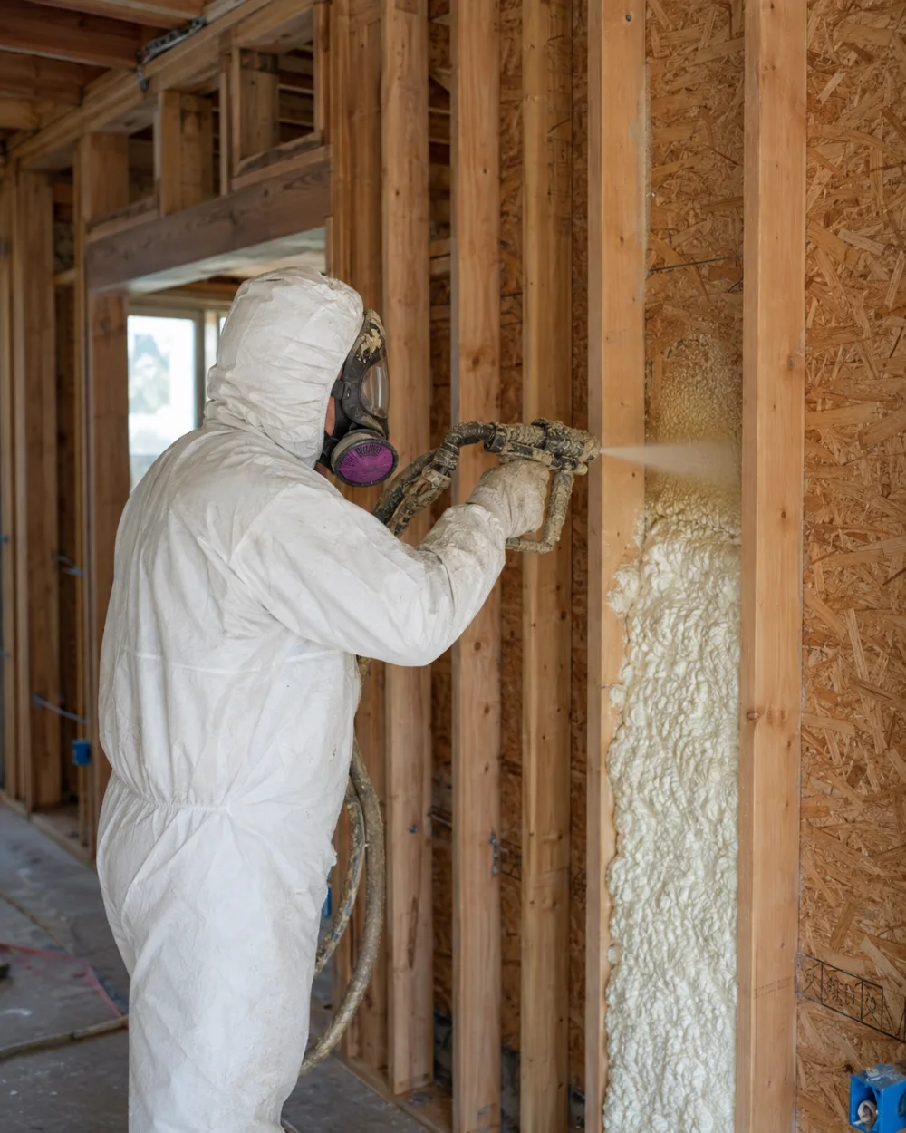 An iFOAM installer in a hooded Tyvek suit and full-face respirator spraying foam into an open stud bay, foam already risen in the cavity beside him