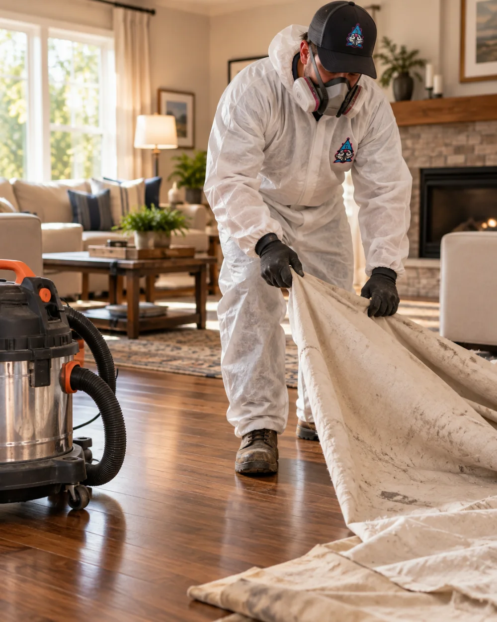 An iFOAM installer lifting the drop cloths from a finished living room, shop vacuum still in shot